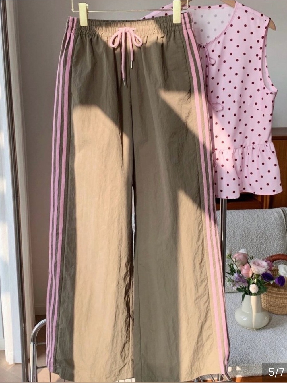 Wide-Leg Track Pants with Pink Stripe